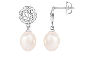 6-6.5mm White Cultured Freshwater Pearl and Cubic Zirconia Rhodium Over Sterling Silver Earrings