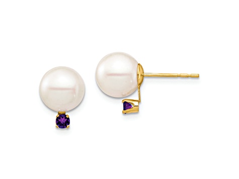 14K Yellow Gold 8-8.5mm White Round Freshwater Cultured Pearl Amethyst Post Earrings