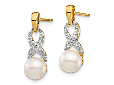 14K Yellow Gold 6-7mm White Round Freshwater Cultured Pearl 0.01ct Diamond Dangle Earrings