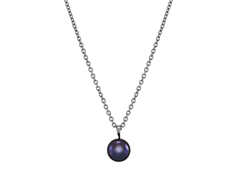 10-11mm Button Black Freshwater Pearl Solitaire Stainless Steel Pendant with Chain