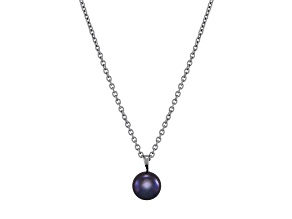 10-11mm Button Black Freshwater Pearl Solitaire Stainless Steel Pendant with Chain