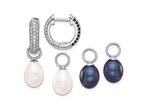 Rhodium Over Sterling Silver 7-8mm FWC Pearl/Cubic Zirconia Interchangeable Earrings Set