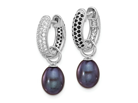 Rhodium Over Sterling Silver 7-8mm FWC Pearl/Cubic Zirconia Interchangeable Earrings Set