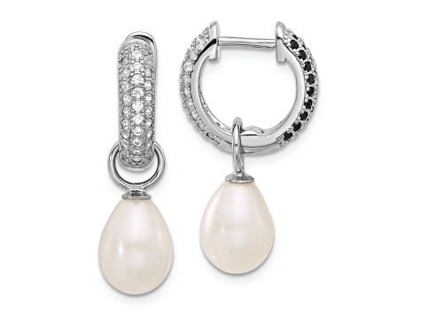 Rhodium Over Sterling Silver 7-8mm FWC Pearl/Cubic Zirconia Interchangeable Earrings Set