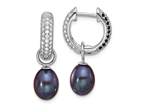 Rhodium Over Sterling Silver 7-8mm FWC Pearl/Cubic Zirconia Interchangeable Earrings Set