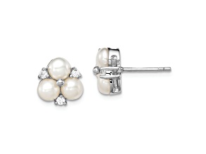 Rhodium Over Sterling Silver 5-6mm White Freshwater Cultured 6-Pearl Cubic Zirconia Post Earrings
