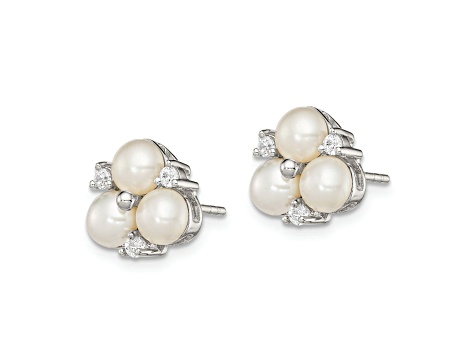 Rhodium Over Sterling Silver 5-6mm White Freshwater Cultured 6-Pearl Cubic Zirconia Post Earrings