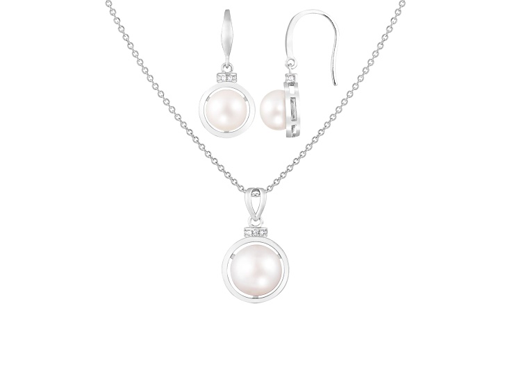 7½-10mm Button White Freshwater Pearl and CZ Rhodium Over Sterling Earring and Pendant W/Chain Set