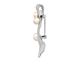 Rhodium Over Sterling Silver 5-6mm White Button Freshwater Cultured Pearl Brooch