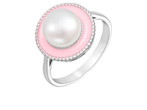 8.5-9mm White Button Cultured Freshwater Pearl and Pink Enamel Rhodium Over Silver Ring