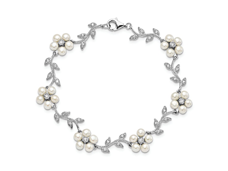 Rhodium Over Sterling Silver Freshwater Cultured Pearl and