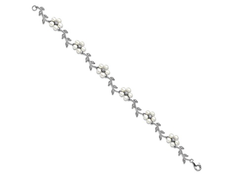 Rhodium Over Sterling Silver Freshwater Cultured Pearl and Cubic Zirconia Floral Bracelet