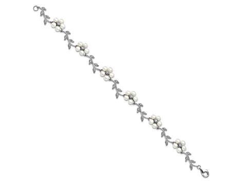 Rhodium Over Sterling Silver Freshwater Cultured Pearl and