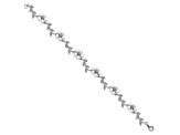 Rhodium Over Sterling Silver Freshwater Cultured Pearl and Cubic Zirconia Floral Bracelet