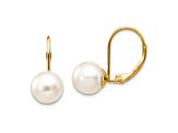 14K Yellow Gold 8-9mm White Round Freshwater Cultured Pearl Leverback Earrings