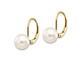 14K Yellow Gold 8-9mm White Round Freshwater Cultured Pearl Leverback Earrings