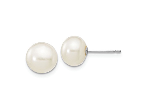 Rhodium Over 10k White Gold 7-8mm White Button Freshwater Cultured Pearl Stud Earrings