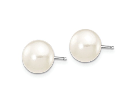 Rhodium Over 10k White Gold 7-8mm White Button Freshwater Cultured Pearl Stud Earrings