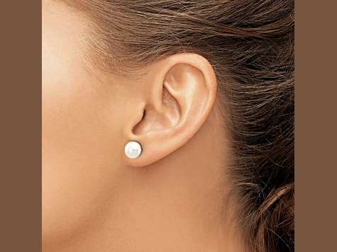 Rhodium Over 10k White Gold 7-8mm White Button Freshwater Cultured Pearl Stud Earrings