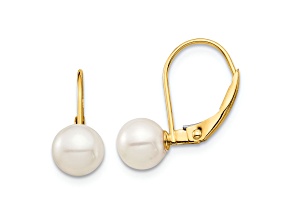 14K Yellow Gold 6-7mm White Round Freshwater Cultured Pearl Dangle Earrings