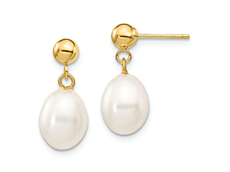10k Yellow Gold 7-8mm White Rice Freshwater Cultured Pearl Dangle Earrings