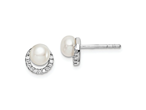 Rhodium Over Sterling Silver Freshwater Cultured Pearl Cubic Zirconia Post Earrings
