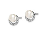Rhodium Over Sterling Silver Freshwater Cultured Pearl Cubic Zirconia Post Earrings