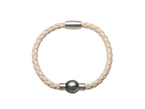 Ivory Leather bracelet features an 11-11.5mm. Tahitian Pearl accented with Stainless Steel parts
