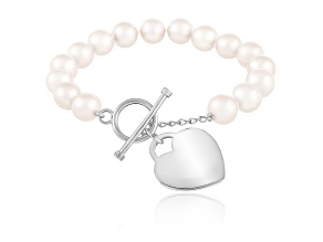 White Freshwater Pearl Bracelet with Sterling Silver Engraveable Heart Toggle Clasp