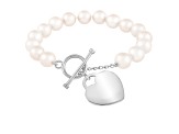 White Freshwater Pearl Bracelet with Sterling Silver Engraveable Heart Toggle Clasp