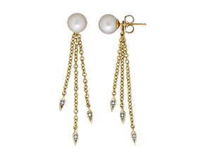 7-7.5mm Round White Freshwater Pearl with Diamond Accents 14K Yellow Gold Dangle Earrings