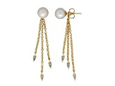 7-7.5mm Round White Freshwater Pearl with Diamond Accents 14K Yellow Gold Dangle Earrings