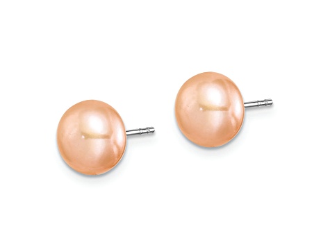 Rhodium Over Sterling Silver 8-9mm Set of 3 White/Pink/Purple Button FWC Pearl Earrings