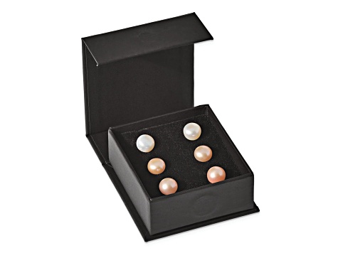 Rhodium Over Sterling Silver 8-9mm Set of 3 White/Pink/Purple Button FWC Pearl Earrings