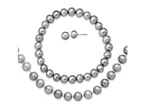 Rhodium Over Sterling Silver 7-8mm Gray Freshwater Pearl Earring Bracelet Necklace Set