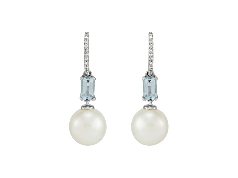 8-8.5mm Round White Freshwater Pearl, Aquamarine and Diamond Accents 14K White Gold Drop Earrings