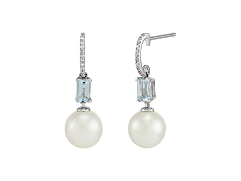 8-8.5mm Round White Freshwater Pearl, Aquamarine and Diamond Accents 14K White Gold Drop Earrings