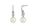 8-8.5mm Round White Freshwater Pearl, Aquamarine and Diamond Accents 14K White Gold Drop Earrings
