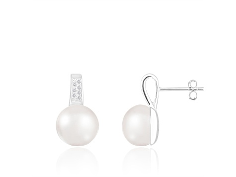 10.5-11mm White Cultured Freshwater Pearl Rhodium Over Sterling Silver Earrings