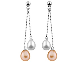 7-7.5mm White and Pink Cultured Freshwater Pearl Rhodium Over Sterling Silver Earrings