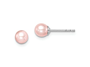 Rhodium Over Sterling Silver 4-5mm Pink Round FWC Pearl Stud Earrings
