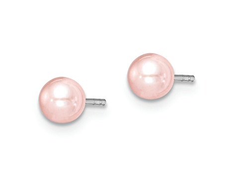 Rhodium Over Sterling Silver 4-5mm Pink Round FWC Pearl Stud Earrings