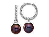 Rhodium Over 14K White Gold 7-8mm Black and White Freshwater Cultured Pearl Dangle Hoop Earrings