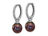 Rhodium Over 14K White Gold 7-8mm Black and White Freshwater Cultured Pearl Dangle Hoop Earrings
