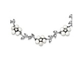 Rhodium Over Sterling Silver FW Cultured Pearl and Cubic Zirconia Floral Necklace