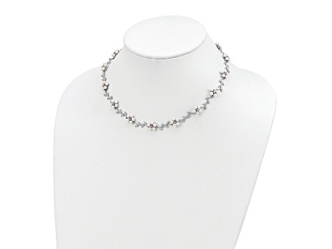 Rhodium Over Sterling Silver FW Cultured Pearl and Cubic Zirconia Floral Necklace