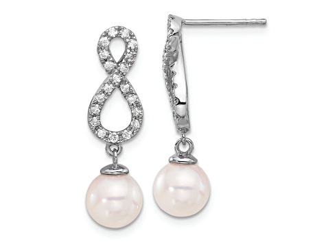 Rhodium Over 14K White Gold 7-8mm White Akoya Cultured Pearl and 0.40ctw Diamond Post Earrings