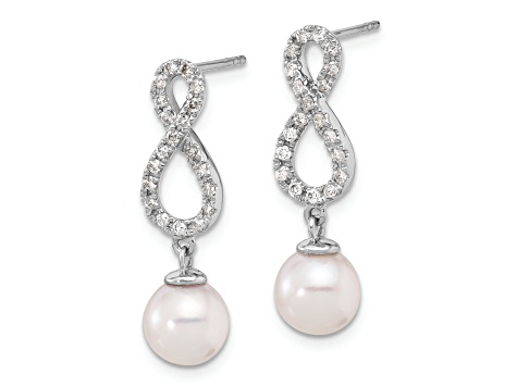 Rhodium Over 14K White Gold 7-8mm White Akoya Cultured Pearl and 0.40ctw Diamond Post Earrings