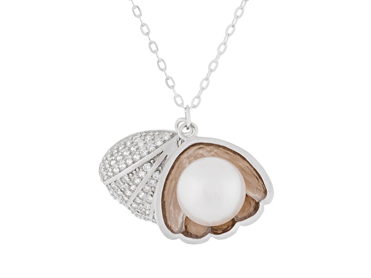 9-9.5mm White Cultured Freshwater Pearl Sterling Silver Pendant W/Chain