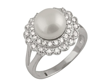 Picture of 10-11mm White Button Cultured Freshwater Pearl and Cubic Zirconia Rhodium Over Silver Ring